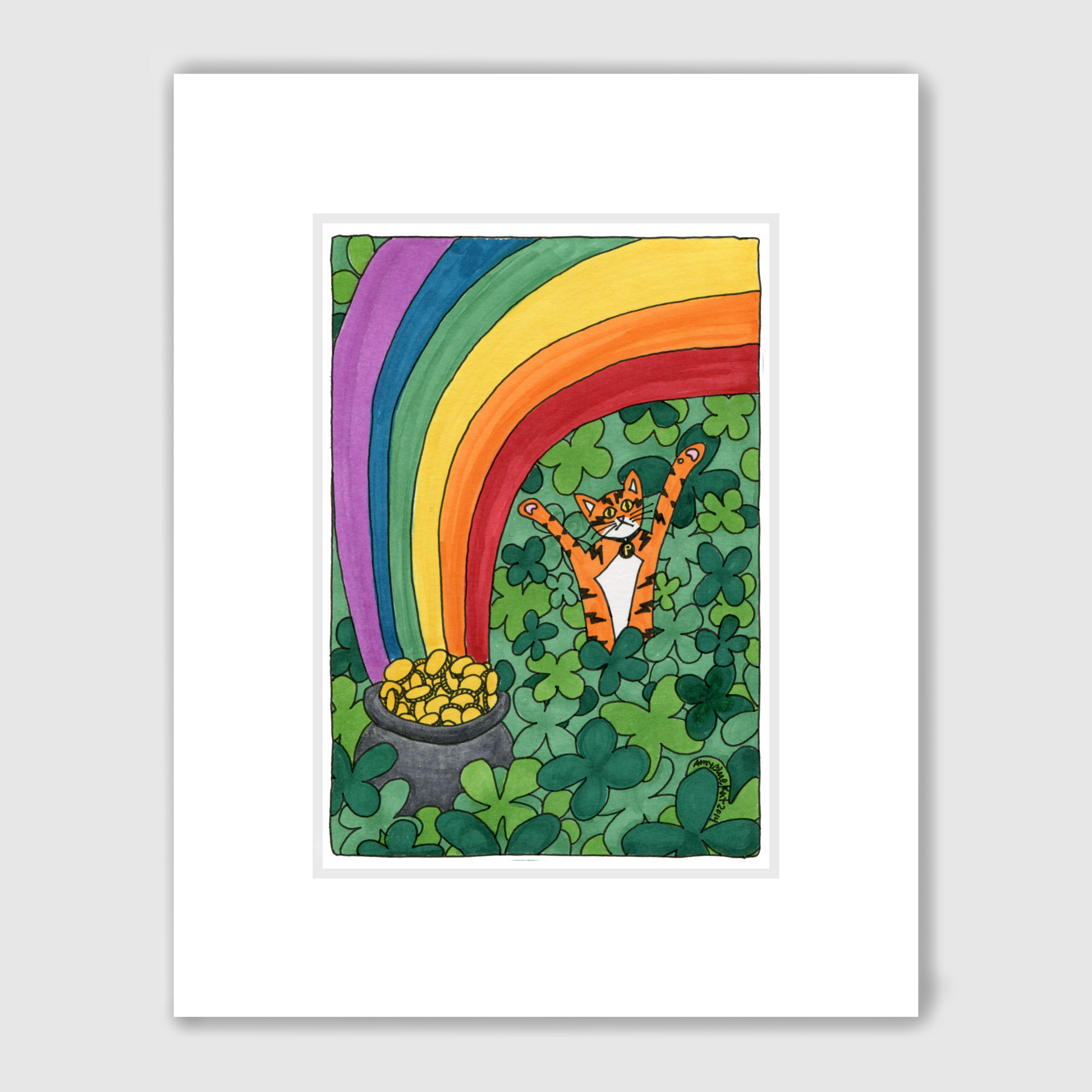 A matted print of a colorful ink drawing featuring Superpussy-an orange cat with his paws in the air in field of four-leaved clovers beside a rainbow and pot of gold