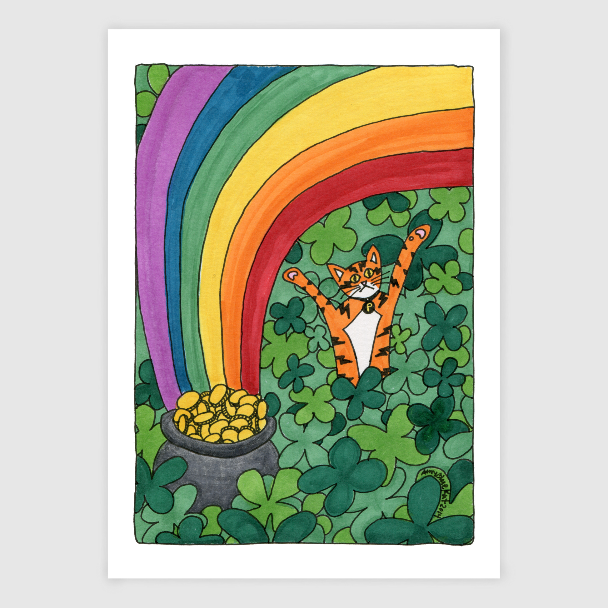 A print of a colorful ink drawing featuring Superpussy-an orange cat with his paws in the air in field of four-leaved clovers beside a rainbow and pot of gold