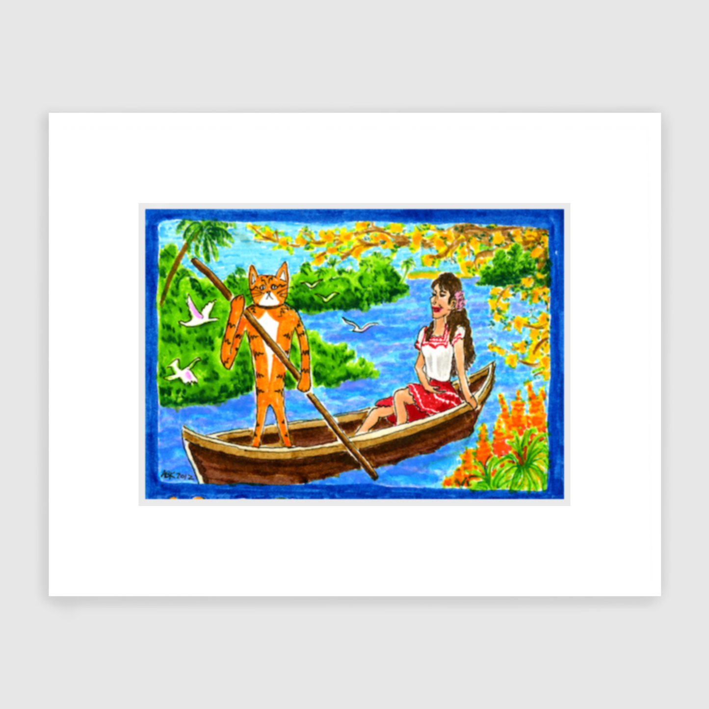 A matted drawing of Superpussy-a cartoon orange cat-is steering a chalupa/gondola. A brunette in a red and white dress is riding in the boat. Colorful flowers and birds surround them.