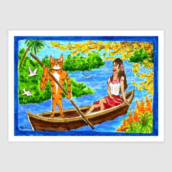 A drawing of Superpussy-a cartoon orange cat-is steering a chalupa/gondola. A brunette in a red and white dress is riding in the boat. Colorful flowers and birds surround them.