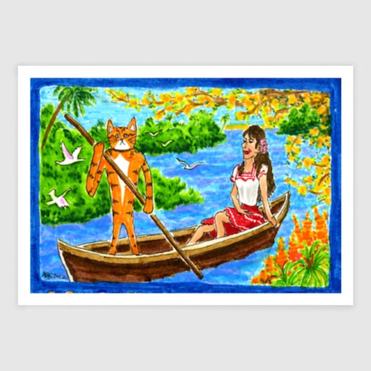 A drawing of Superpussy-a cartoon orange cat-is steering a chalupa/gondola. A brunette in a red and white dress is riding in the boat. Colorful flowers and birds surround them.
