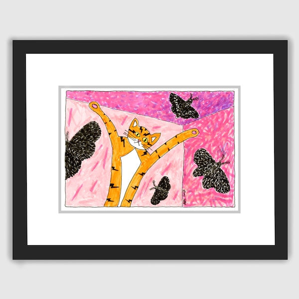 framed Whimsical cat print featuring Superpussy - a orange cat with his paws in the air in a pink room with black moths flying around.
