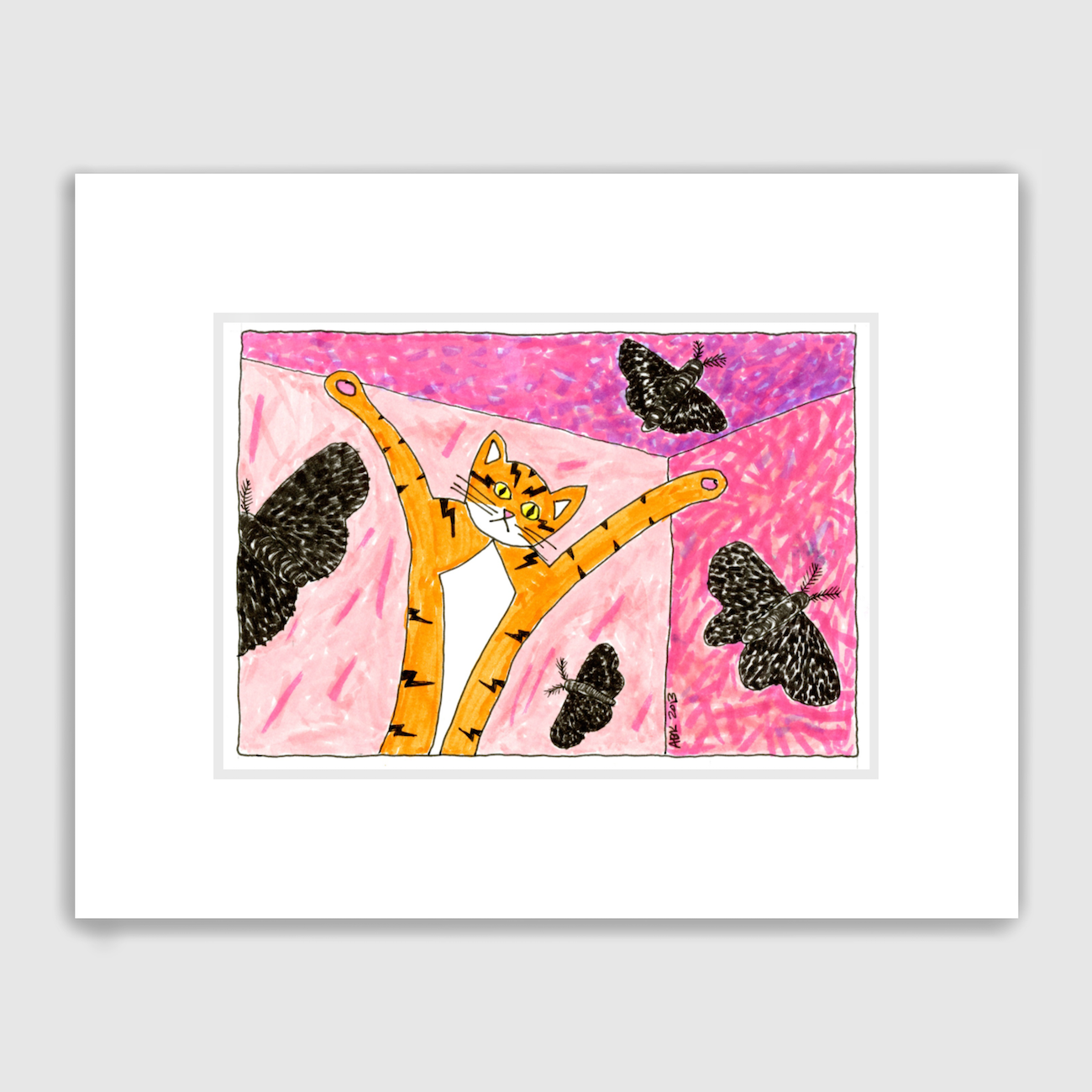 Funny cat art print featuring an orange tabby cat with his paws in the air in a room with pink walls as black moths fly around him.