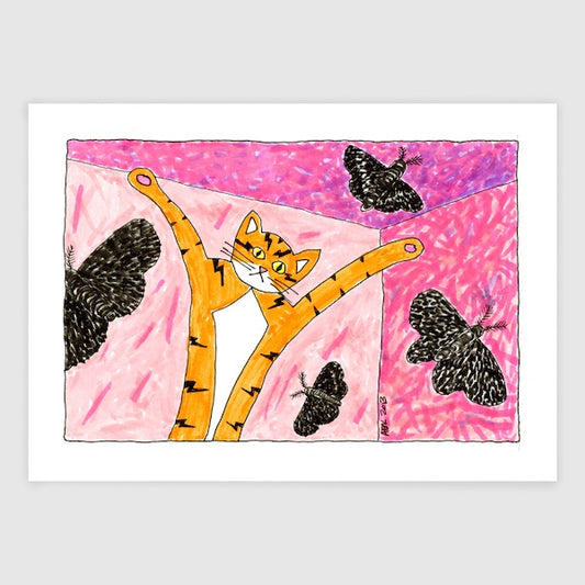 whimsical cat art featuring Superpussy  an orange cat with black stripes like lightning bolts surrounded by black moths in a pink room 