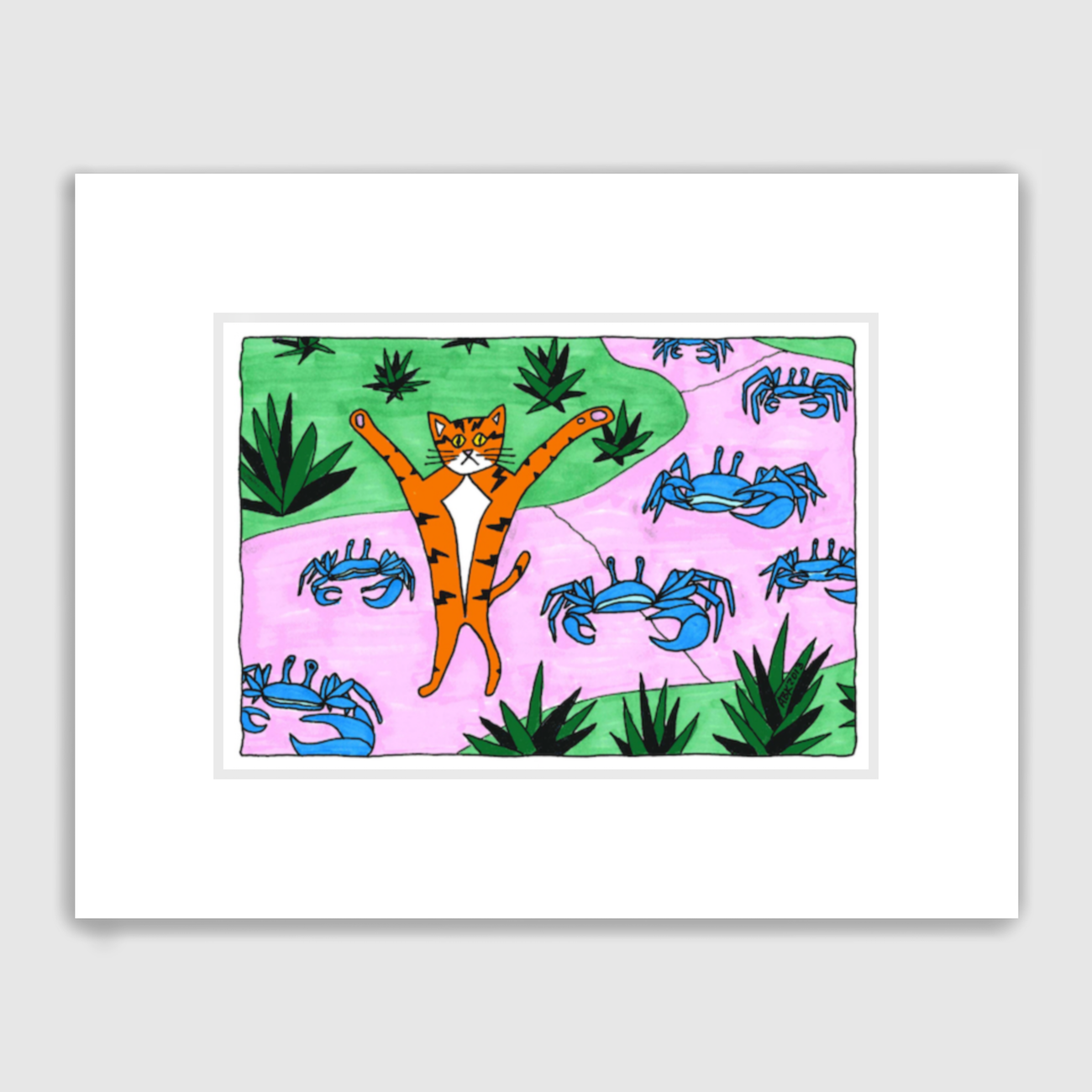 Whimsical cat art featuring Superpussy-a cartoon orange cat with his paws in the air-is walking down a pink sidewalk along with blue crabs.