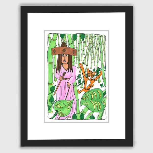 A framed drawing of an orange cat with his paws in the air. He is walking in the bamboo-filled jungle behind a regal looking woman in a long pink dress. She wears a large wooden crown and carries a wooden wand. 