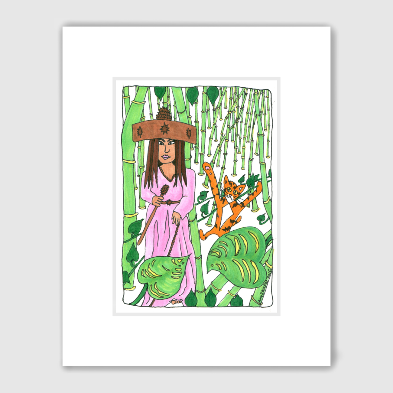 A drawing of an orange cat with his paws in the air. He is walking in the bamboo-filled jungle behind a regal looking woman in a long pink dress. She wears a large wooden crown and carries a wooden wand. 