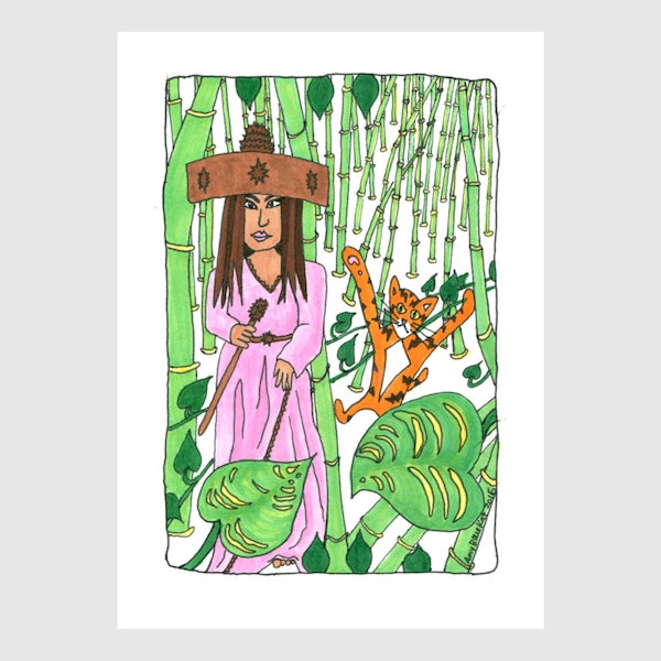 A drawing of an orange cat with his paws in the air. He is walking in the bamboo-filled jungle behind a regal looking woman in a long pink dress. She wears a large wooden crown and carries a wooden wand. 