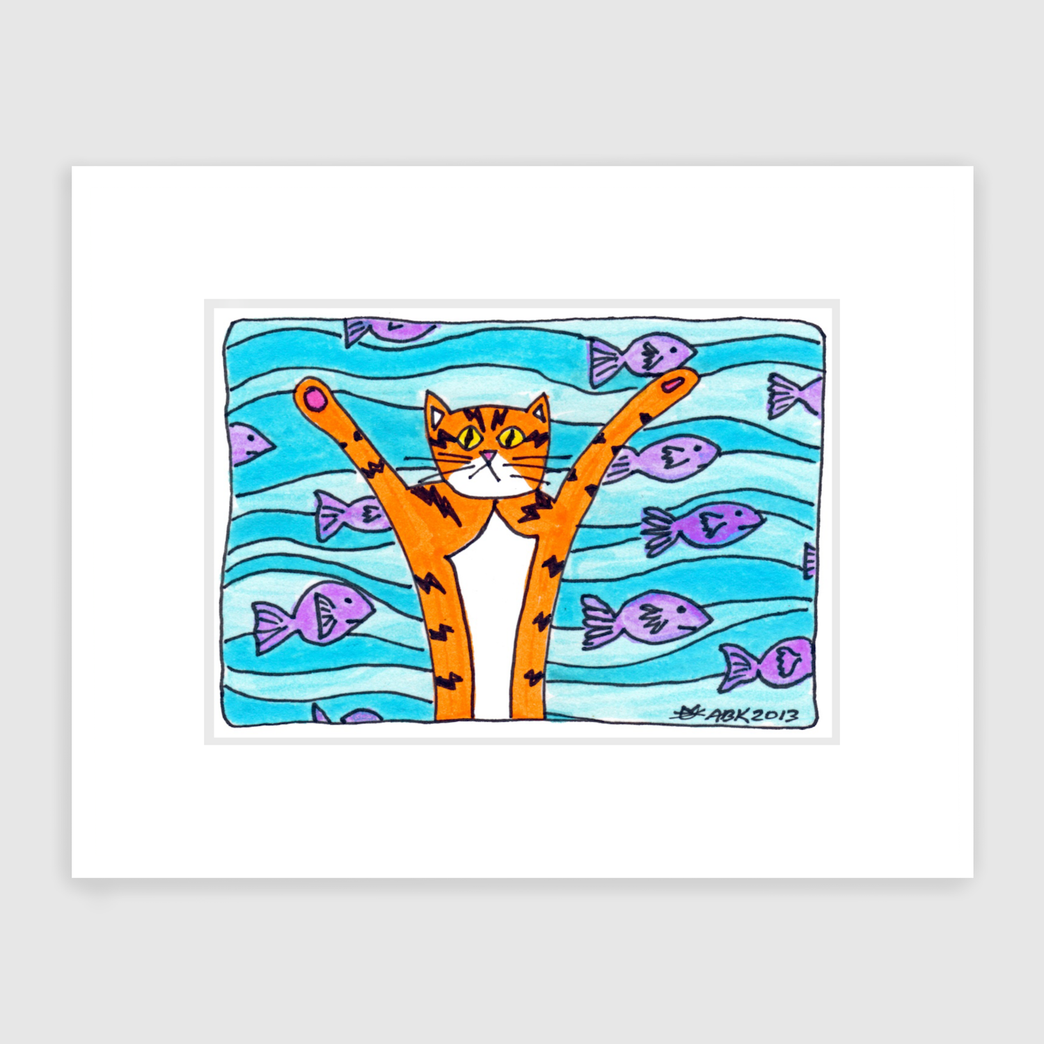 Whimsical cat art featuring Superpussy-a cartoon orange cat with his paws in the air-is in front of a blue sea full of purple fish