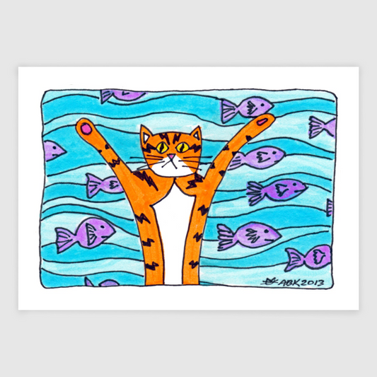 Whimsical cat art featuring Superpussy-a cartoon orange cat with his paws in the air-is in front of a blue sea full of purple fish