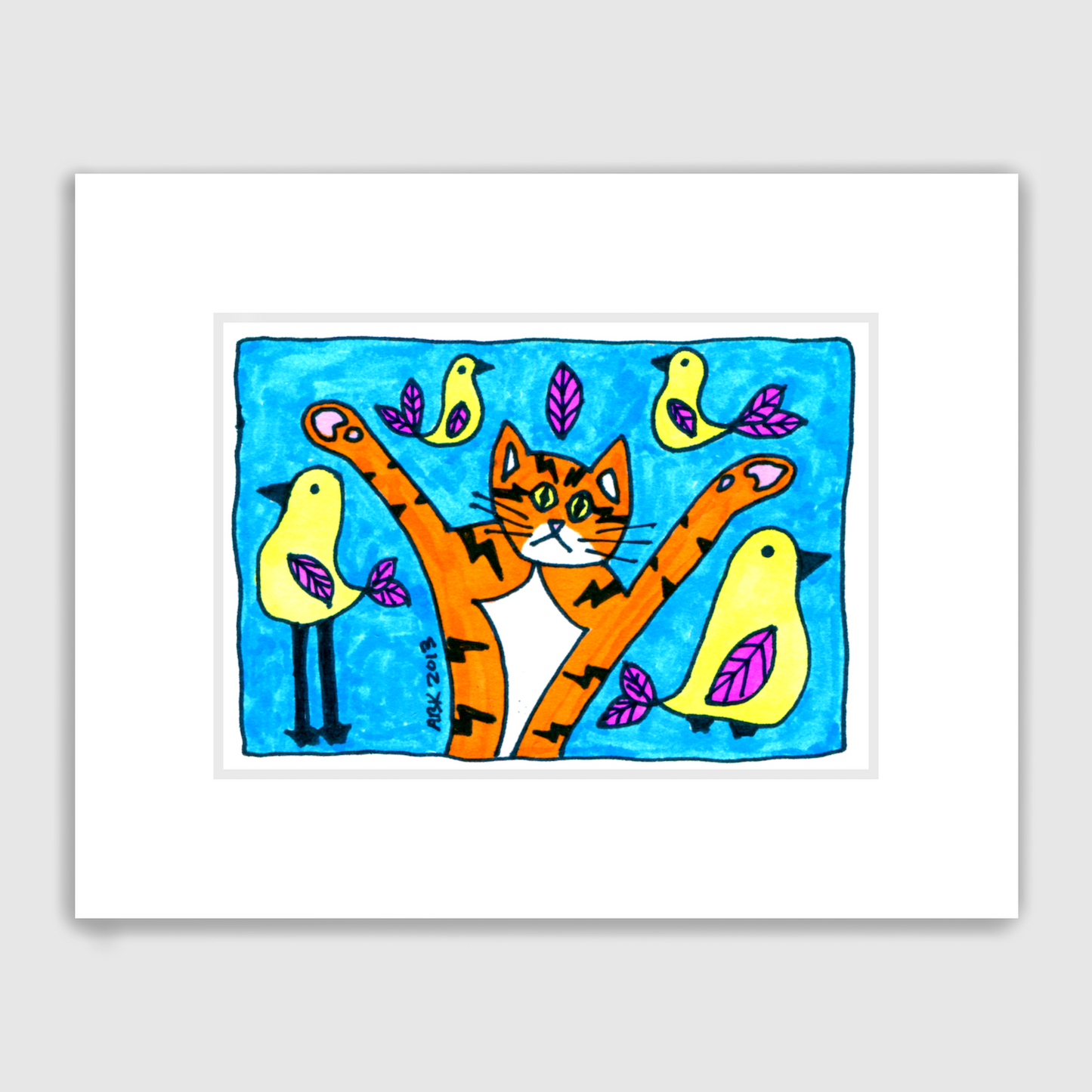 matted cat art featuring a whimsical drawing of Superpussy-an orange cat with his paws in the air- surrounded by yellow birds iwth purple wings.