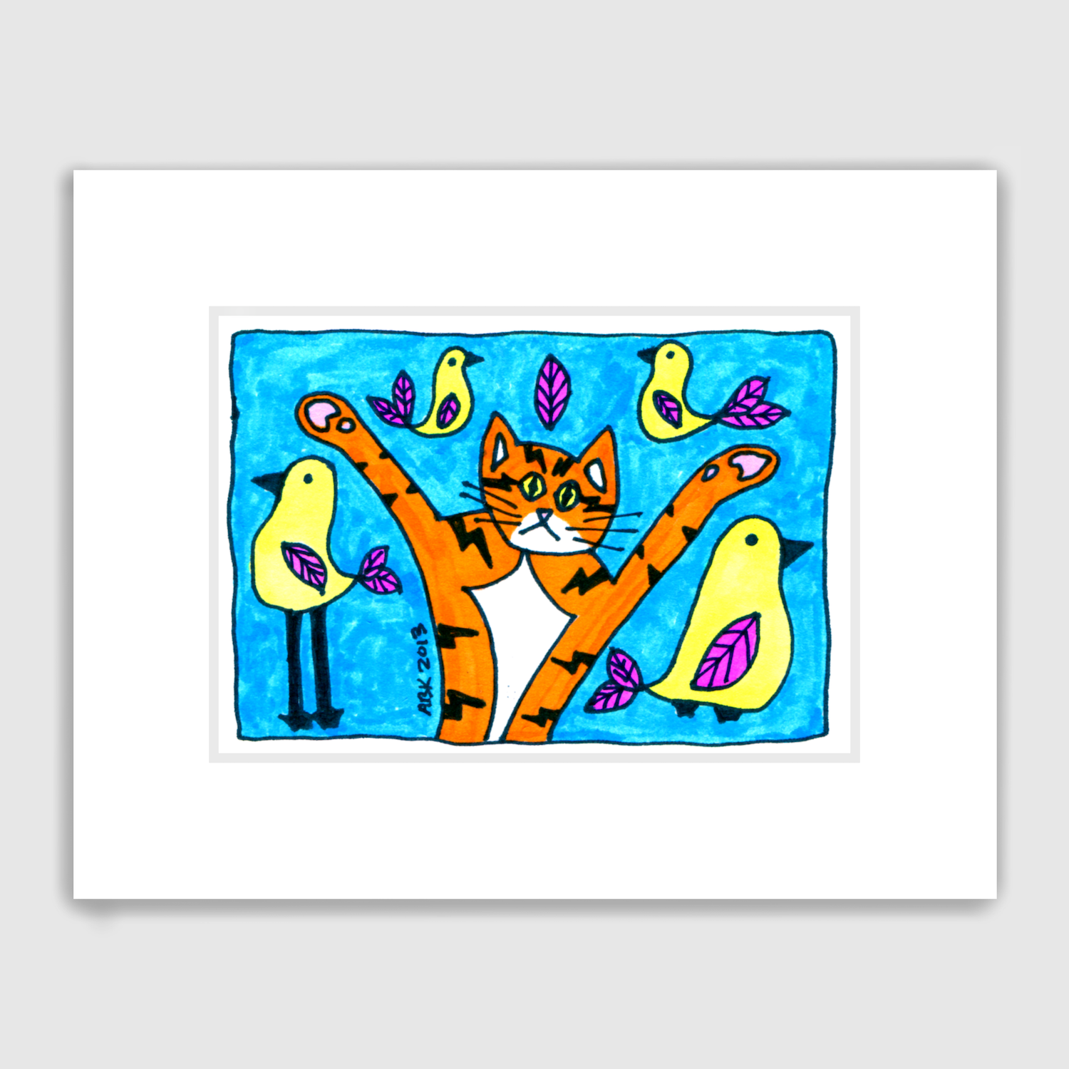 matted cat art featuring a whimsical drawing of Superpussy-an orange cat with his paws in the air- surrounded by yellow birds iwth purple wings.