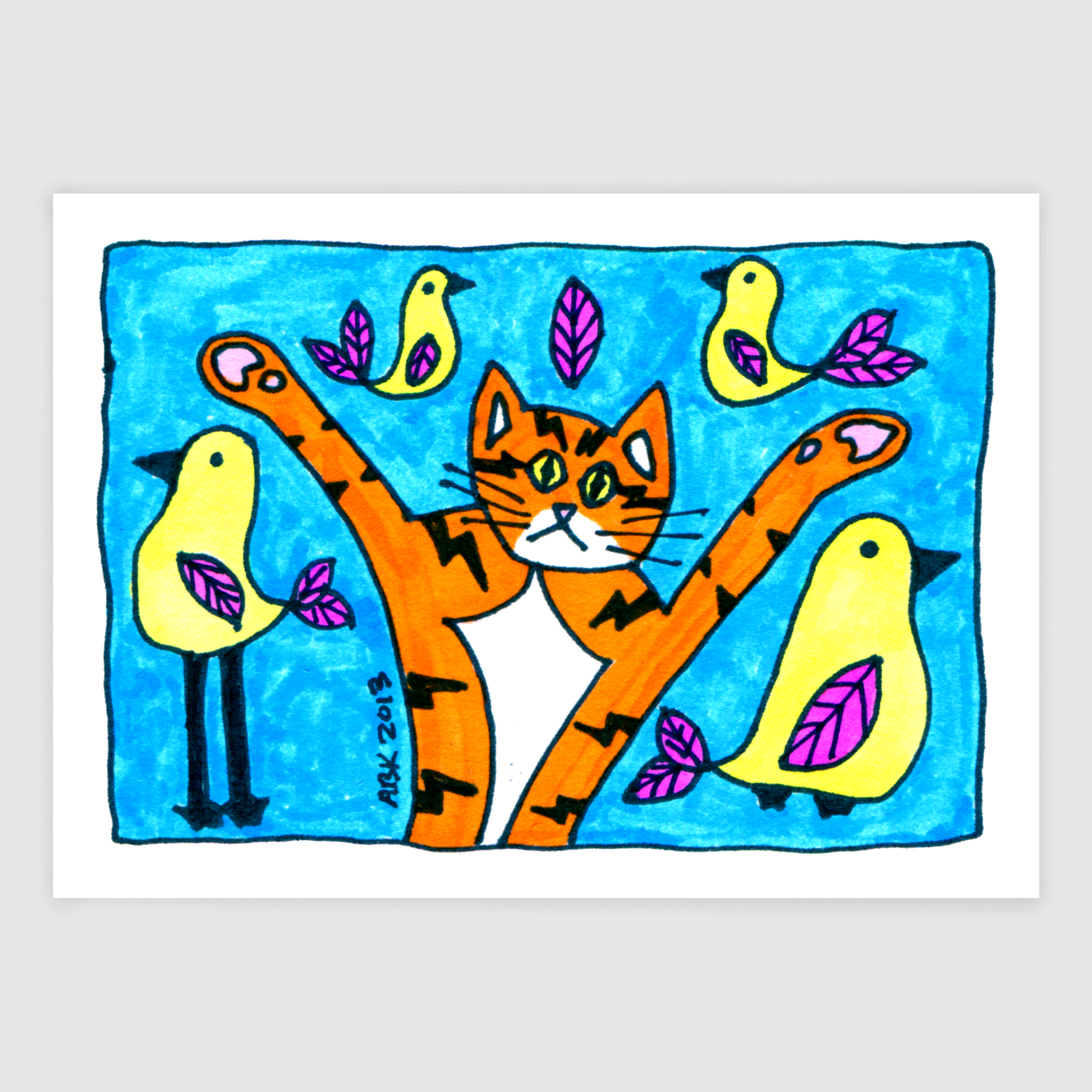 Magnet featuring a whimsical drawing of Superpussy-an orange cat with his paws in the air- surrounded by yellow birds iwth purple wings.