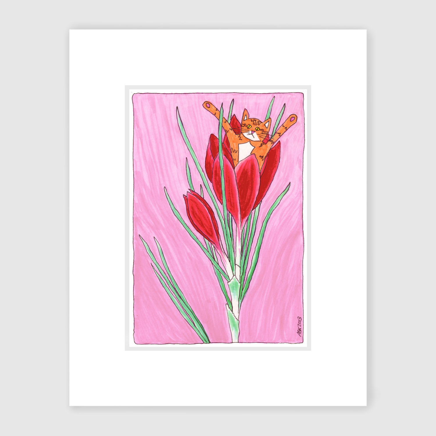 Matted whimsical drawing featuring a  pussycat sitting in a red tulip-like flower. 
