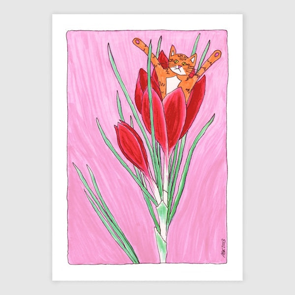 Cat print of a whimsical drawing featuring an orange tabby cat blossoming out of a red tulip-like flower. Pink background.