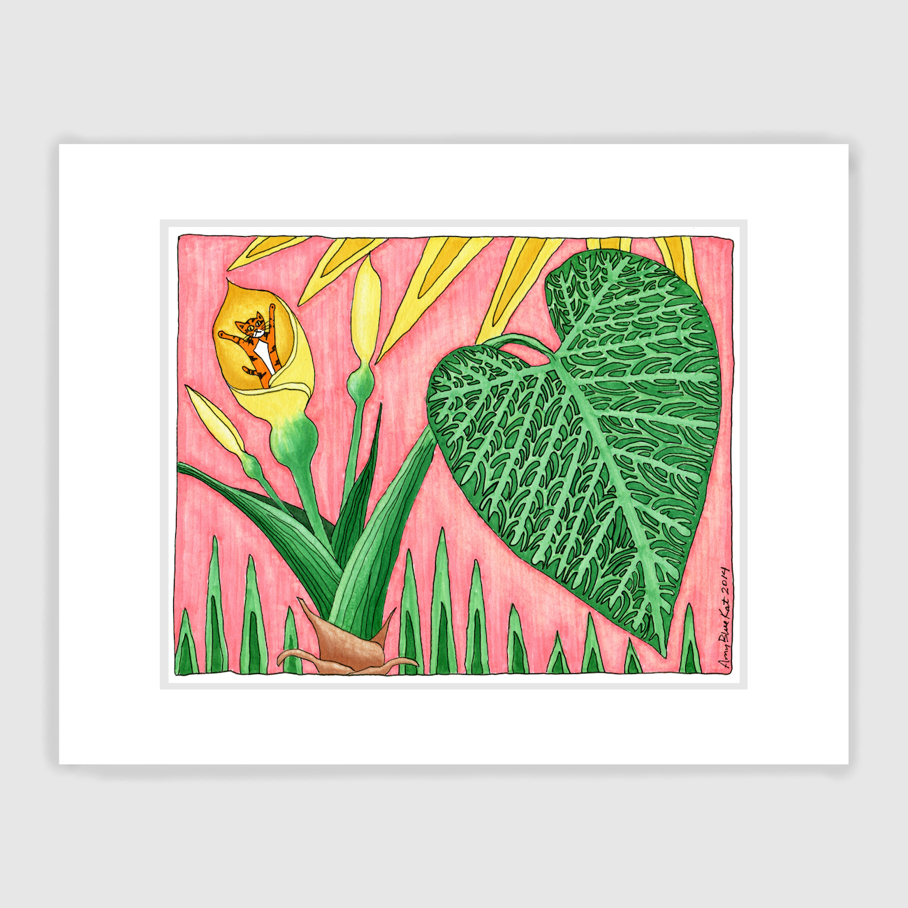 An art print of a whimsical drawing. A giant heart shaped leaf of an elephant ear plant is in the foreground. A yellow flower is in bloom and in it is Superpussy-an orange tabby cat with his paws in the air. Salmon-colored background.