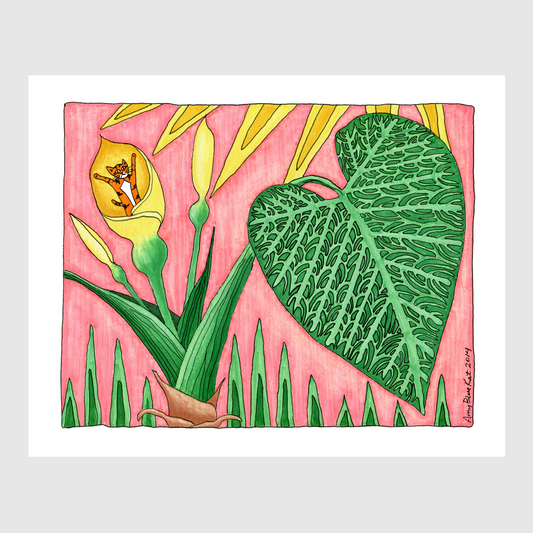 An art print of a whimsical drawing. A giant heart shaped leaf of an elephant ear plant is in the foreground. A yellow flower is in bloom and in it is Superpussy-an orange tabby cat with his paws in the air. Salmon-colored background.
