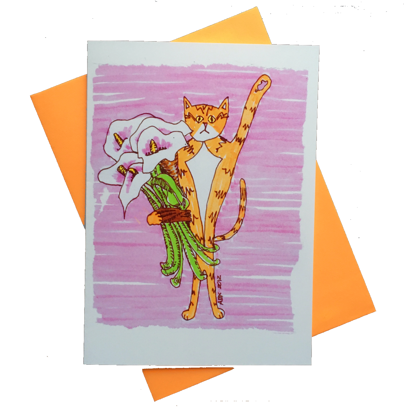 A sympathy card with a drawing of an orange tabby cat standing up and with one paw in the air and the other paw holding a large bouquet of white lilies. Pink background. 