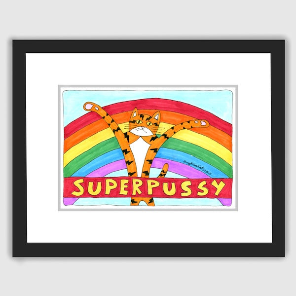 framed rainbow Cat print featuring Superpussy - an orange tabby cat with his paws in the air-standing in front of a big rainbow. A banner that reads "Superpussy" is in front.