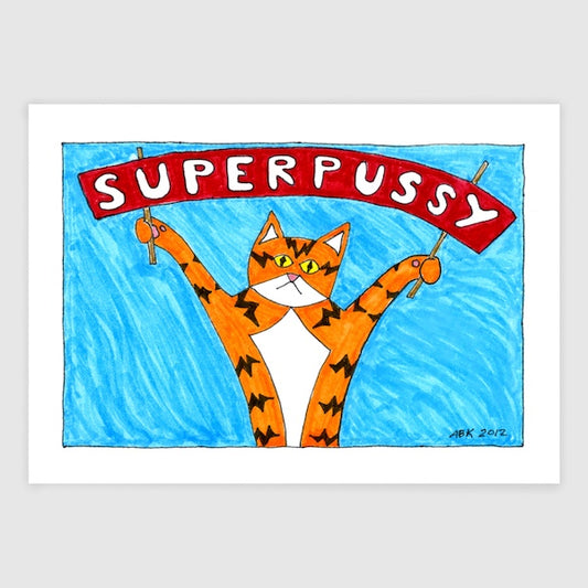 A drawing of Superpussy-a cartoon orange cat-holding a red banner that says "Superpussy". Blue background.