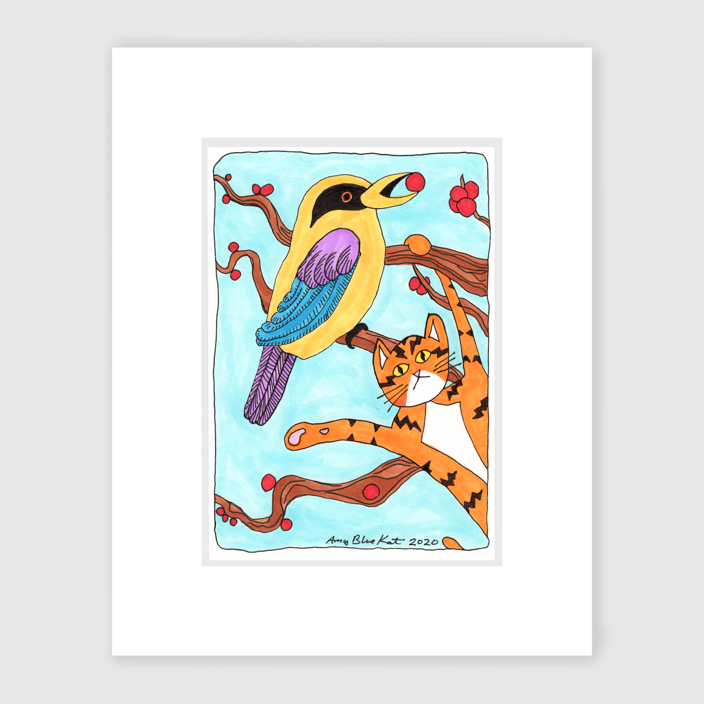 A colorful matted drawing of an orange cat with black stripes like lightning bolts and his paws in the air. He hangs on a tree with red berries. A yellow, blue, and purple feathered bird is beside him with a berry in his beak.