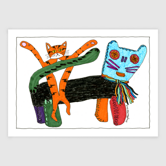 A fun cat art print features Superpussy-an orange cat with black stripes like lighting bolts and his paws in the air-sitting on his plushie cat friend Milandro. Milandro has a black body and four different colored paws: purple, green, orange, and red. His tail is green. His head is light blue. His whiskers are purple. and his scrarf is all the colors!