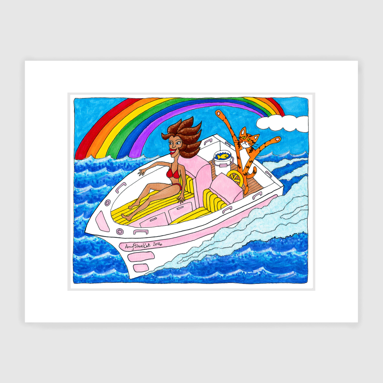 A matted art print featuring Superpussy-a cartoon orange cat-is driving a white and pink speed boat. A tanned brunette in a red bikini is riding in front. A rainbow is in the background.