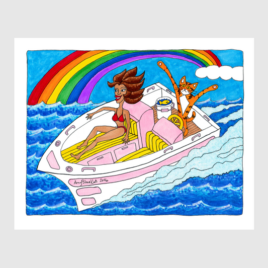 Superpussy-a cartoon orange cat-is driving a white and pink speed boat. A tanned brunette in a red bikini is riding in front. A rainbow is in the background.